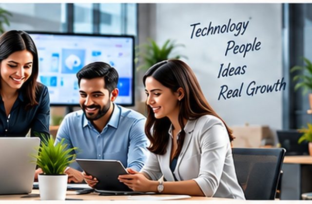 SmartEdge IT Solutions colleagues in discussion at a shared desk.