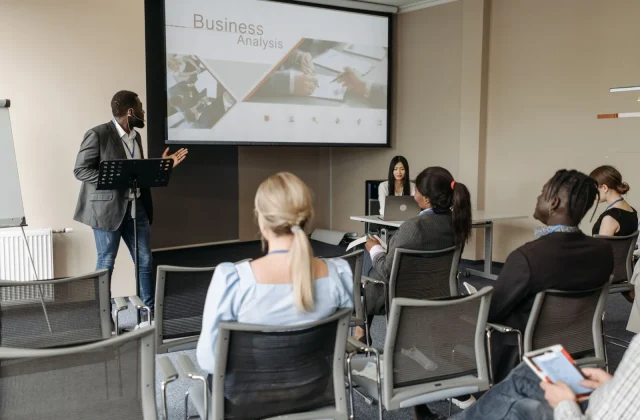 Colleagues taking part in a business training session.