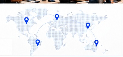A dotted world map with location markers over North America, South America, Europe, Africa and Australia.