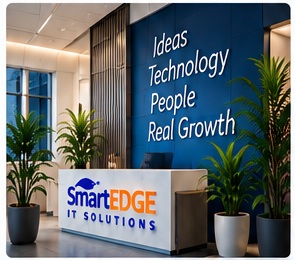 A SmartEdge IT Solutions reception desk in a modern office, with the company logo on the front and the words Ideas, Technology, People, Real Growth on the wall behind.