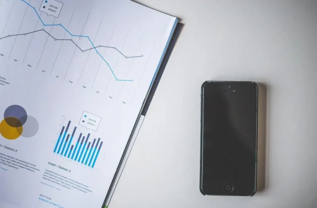 a laptop showing a financial report beside a notebook, a calculator and a phone