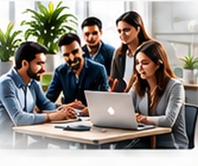 Colleagues reviewing work together at a shared laptop in a bright workspace.