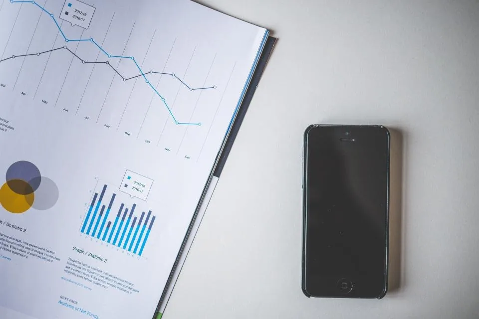 a laptop and a phone showing reports and charts on a desk