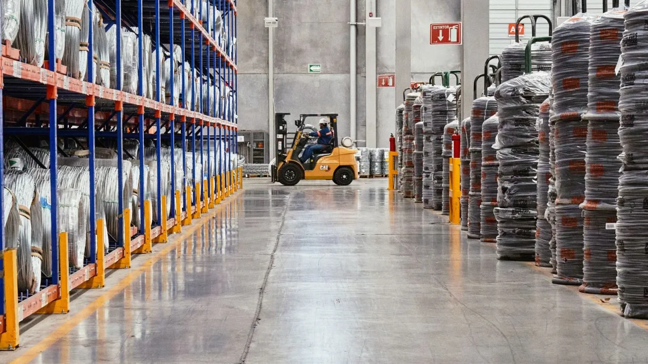 Interior of a distribution warehouse with racking and a forklift.