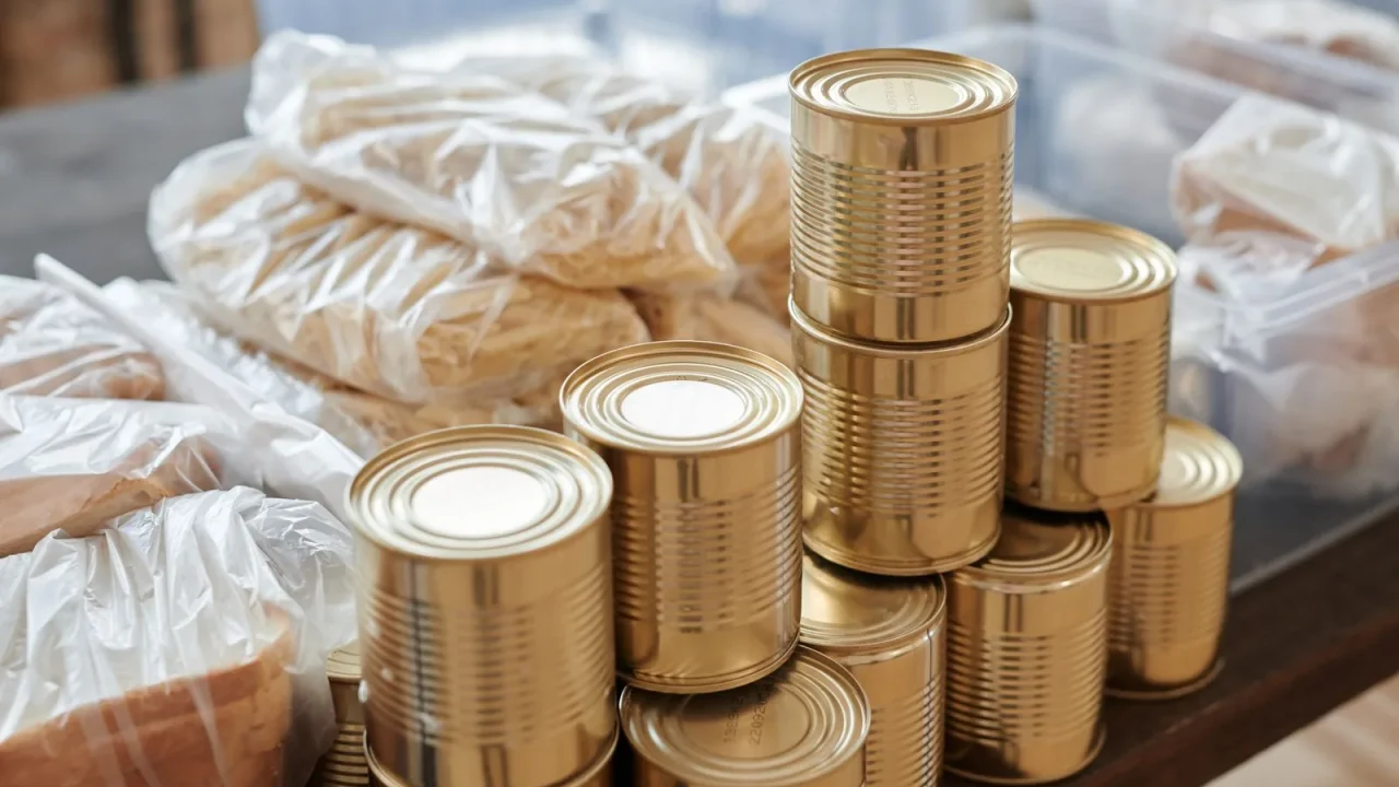 Canned food donations arranged for collection.
