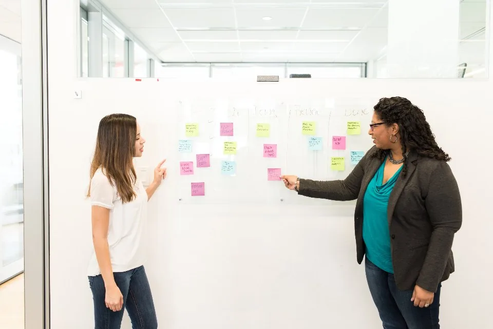 a whiteboard covered in diagrams and notes in a meeting room