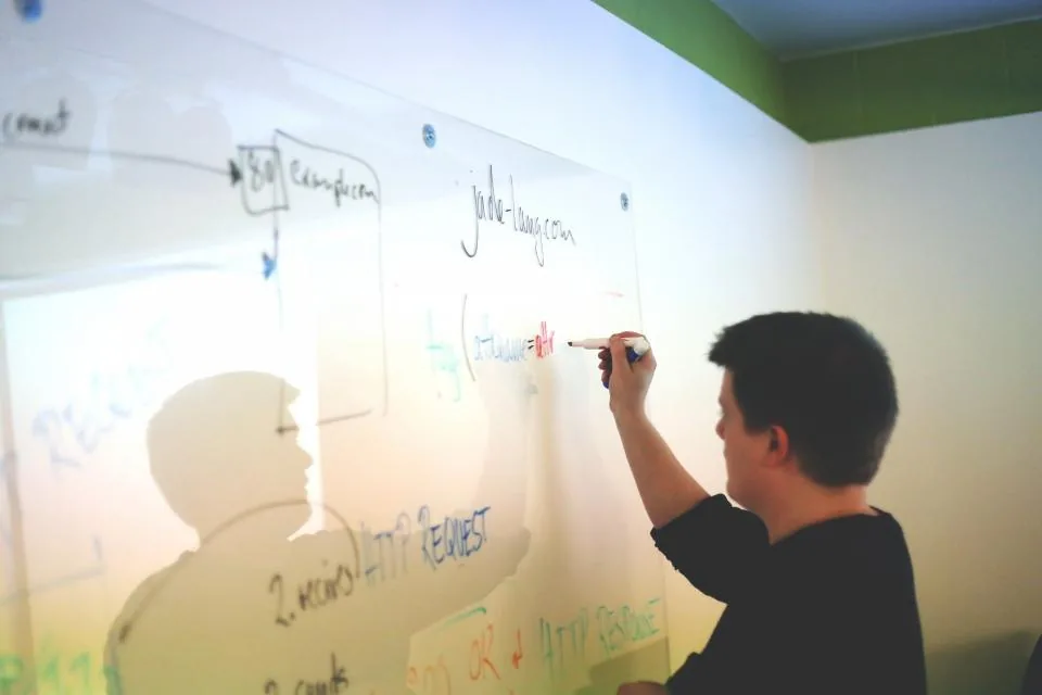 a whiteboard covered in diagrams and notes in a meeting room